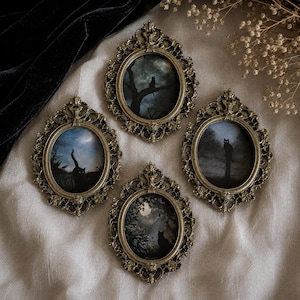 Decoração de parede gótica de Halloween, moldura vintage de gato preto, decoração de Halloween gótica e bruxuleante, gabinete de curiosidades pintado em estilo dark academia.