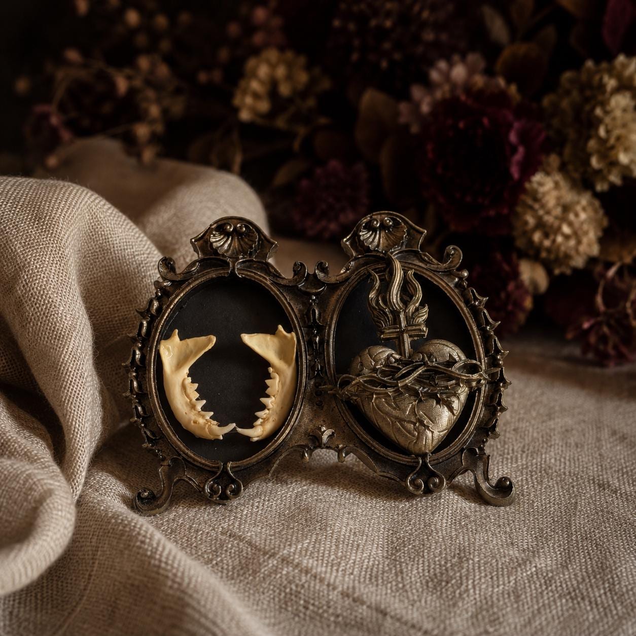 Double Baroque Frame Animal Mandibles and Golden Sacred Heart Naturalistic Gothic Curiosity Wall Decoration Reliquary dark academia witchy