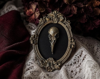 Set of Gothic frames, Halloween decoration, taxidermied raven skull as Christmas ornament, curiosities, metal Gothic wall decoration
