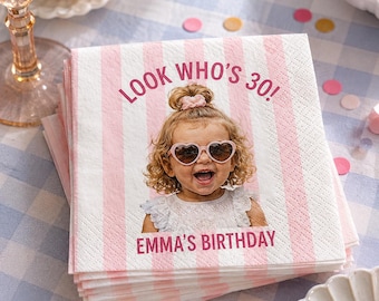 Personalized Birthday Napkins with Childhood Photo, Custom Cocktail Napkins with Name and Age, 30th Birthday Decorations, Party Decor