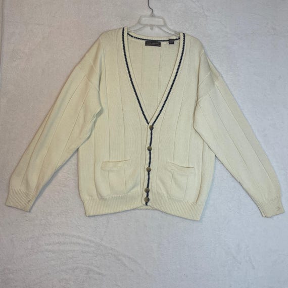 John Ashford Mens Cream Cotton Knit Cardigan Sweater Navy Trim Large 483