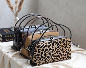 Genuine Leather Horsehair Barrel Bag, Leopard Print Crossbody Purse, Chic Commuter Handbag
