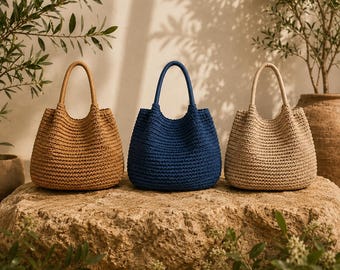 Große, gewebte Strohtasche – Sommerliche Boho-Strandtasche, Damen-Schultertasche