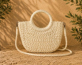 Große Sommerhandtasche für Damen, halbmondförmige, handgeflochtene Schultertasche aus Rattanstroh, Strandtasche
