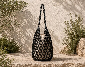 Umhängetasche aus Holzperlen, gewebter Beutel mit Innenfutter, sommerliche Boho-Tasche, geräumige Handtasche