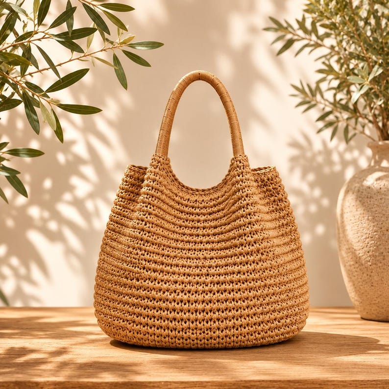 May include: A tan-coloured, hand-crocheted tote bag with a rounded silhouette and a single integrated handle. The bag features a consistent, textured horizontal stitch pattern throughout its body, crafted from a natural-toned, fibrous material.