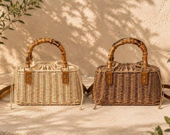 Handgefertigte Strohtasche aus Rattan mit Bambusgriff, gewebte Schultertasche, Strandtasche, Urlaubstasche für Damen