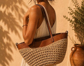 Strohbeutel – Große Strandtasche mit verstellbarem Schultergurt, großes Fassungsvermögen – Hergestellt in Frankreich – Handgefertigt