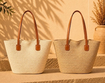 Große Damen-Schultertasche aus geflochtenem Stroh und Rattan, eleganter Sommerkorb, inspiriert von Bali, ideal als Strandtasche