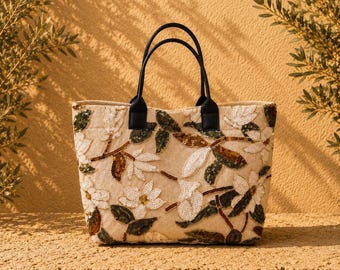 Luxuriöse, bestickte Canvas-Tragetasche für Damen, große Schultertasche mit Blumenmuster, elegant und geräumig, ethnischer Boho-Stil, Tasche mit Pailletten