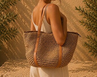Handgewebte Strohtasche – Sommertasche mit Griff aus veganem Leder, Boho-Strandtasche, Baumwollfutter, Magnetverschluss