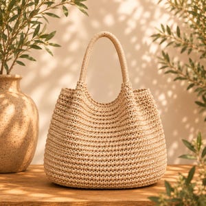 May include: A beige woven handbag featuring a rounded silhouette and a single integrated handle. The bag is constructed from a textured, cord-like material with horizontal ribbed detailing throughout the body, creating a consistent, neutral-toned appearance.