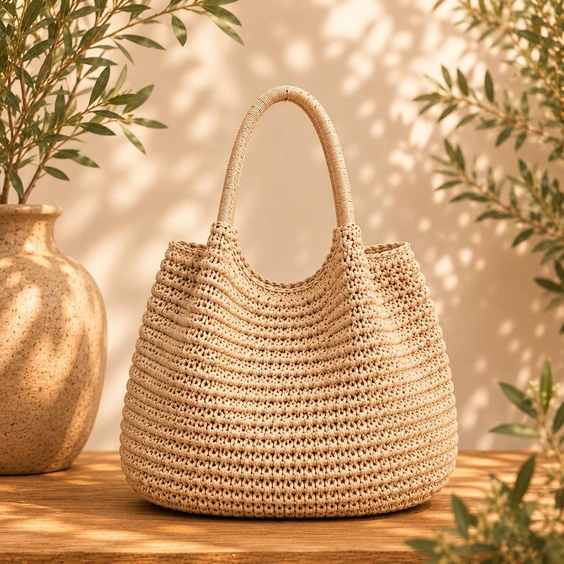 May include: A beige woven handbag featuring a rounded silhouette and a single integrated handle. The bag is constructed from a textured, cord-like material with horizontal ribbed detailing throughout the body, creating a consistent, neutral-toned appearance.