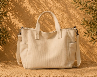 Luxuriöse Cord-Handtasche für Damen, große Tragetasche/Schultertasche, elegant und geräumig, minimalistischer Vintage-Stil, handgefertigt