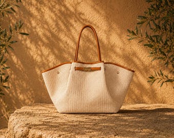 Sommerliche Strohtasche mit Lederbesatz, geräumige Handtasche, gewebte Strandtasche, Urlaubsaccessoire