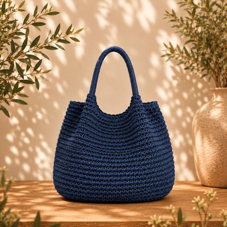 May include: A deep navy blue handbag featuring a textured, crocheted construction with a rounded base and two integrated handles. The bag has a consistent horizontal ribbed pattern throughout its body, creating a structured yet flexible appearance.
