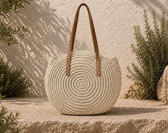 Round straw shoulder bag - Large capacity handwoven rattan beach bag - perfect gift for women