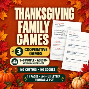 Könnte beinhalten: Thanksgiving Familienspiele als druckbares PDF mit 3 kooperativen Spielen für 3-8 Personen ab 8 Jahren. Enthält 11 Seiten in A4 und US Letter. Das Design zeigt Herbstblätter, Kürbisse und Text auf einem dunkelorangen Hintergrund.