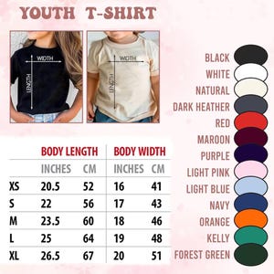 May include: A youth t-shirt size chart featuring two images of children wearing black and natural colored shirts. A table displays body length and width measurements in inches and centimeters for sizes XS to XL, alongside a list of available colors.