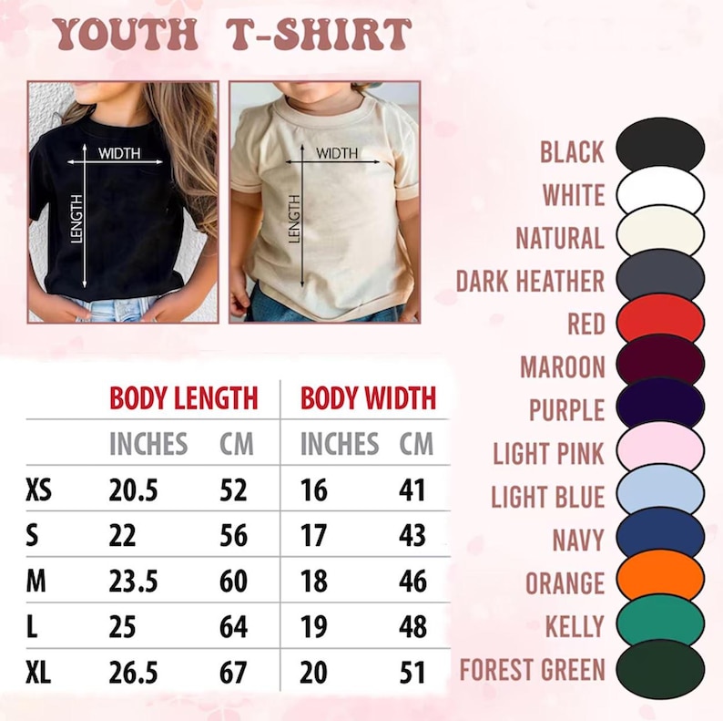 May include: A youth t-shirt size chart featuring two images of children wearing black and natural colored shirts. A table displays body length and width measurements in inches and centimeters for sizes XS to XL, alongside a list of available colors.