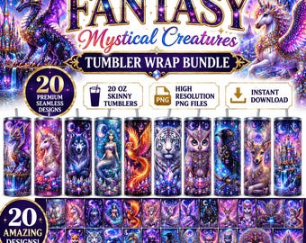Fantasy-Becher-Set mit mystischen Kreaturen | 20-oz-Schmalbecher (PNG) | Nahtlose Sublimationsfolie | Drache, Einhorn, Meerjungfrau, Wolf (Fantasy)