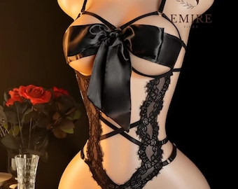 Lace Bow Bodysuit, Deep V Sheer Teddy, Floral Nightwear, Romantic Lingerie