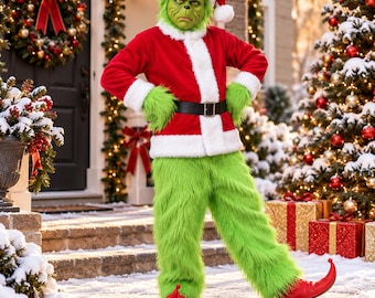 Op de afbeelding: Een groen, harig personage in een rood-wit kerstmanpak met een zwarte riem, een bijpassende kerstmuts en puntige rode schoenen. Het personage staat op een besneeuwde veranda voor een donkere deur met een krans en een kerstboom.