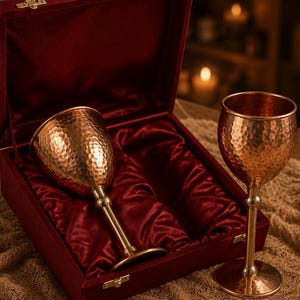 Conjunto de taças de vinho em cobre martelado à mão, cálice artesanal.