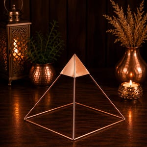 May include: A copper-colored wire pyramid sculpture featuring a solid triangular apex and a square base frame. The structure is constructed from thin, metallic rods that form a geometric pyramid shape, reflecting warm ambient light on its surface.