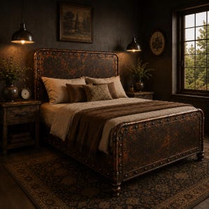 Puede incluir: Una estructura de cama con un armazón de metal en tonos cobre oscuro y desgastado, con remaches visibles y un acabado envejecido. La cama está vestida con ropa de cama en tonos neutros, incluyendo una manta marrón texturizada y varios cojines.