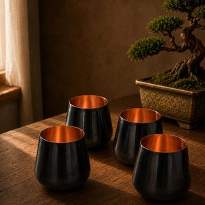 Puede incluir: Un juego de cuatro vasos redondeados con un exterior metálico oscuro cepillado y un interior de cobre pulido. Los vasos tienen una parte superior ancha y abierta y una base cónica, mostrando un contraste distintivo entre el acabado exterior oscuro y el revestimiento interior de cobre cálido y reflectante.