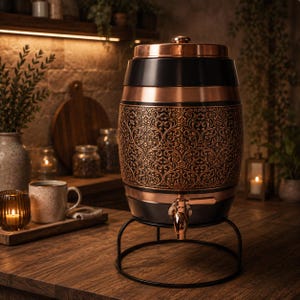 Puede incluir: Un dispensador de bebidas cilíndrico con acabado en negro y cobre, que presenta un intrincado patrón floral en relieve en el centro. La unidad incluye una tapa de cobre, un grifo de cobre a juego en la base y descansa sobre un soporte de metal negro.