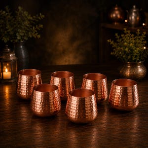 Puede incluir: Un juego de seis vasos de color cobre con una textura martillada distintiva. Cada recipiente presenta una forma redondeada y abombada con una abertura ancha y un acabado metálico que refleja la luz sobre la superficie de los vasos.