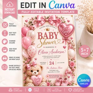 Luxury Baby Shower Invitation Template, Editable Canva Baby Shower Invite, Baby Girl Invitation, Pink Teddy Bear, Instant Download, 5x7