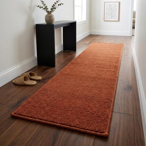 May include: A long, rectangular runner rug in a solid burnt orange color with a textured, tufted pile surface. The rug features a finished bound edge and is positioned lengthwise on a dark brown wood floor, extending across the hallway space.