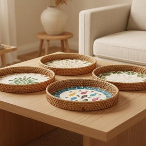 Rattan Serving Tray, Shell Mosaic Decorative Tray, Round Woven Boho Tray, Natural Table Decor, Snack & Display Tray, Gift for Home