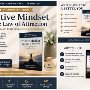 May include: A 10-page digital mini-book titled Positive Mindset & the Law of Attraction, featuring a cover image of a person standing on a mountain peak at sunset. The document includes a 14-day action plan, reflection questions, and exercises.
