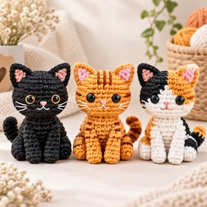 Haakpatroon voor een kat, 3 mini pluche amigurumi kittens (digitale download)