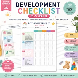 May include: A printable development checklist for children aged 0-5 years, featuring sections for cognitive, language, social, emotional, and physical milestones. The document includes columns for age ranges, checkboxes for tracking progress, and space for notes.