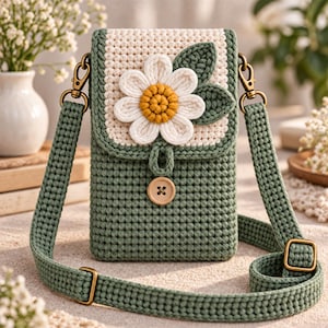 Può includere: Una borsa a tracolla all'uncinetto color verde salvia con una patta color crema decorata con una grande applicazione a forma di margherita bianca e gialla e due foglie verdi. La borsa include una chiusura con bottone in legno, una tracolla regolabile e finiture in ottone anticato.