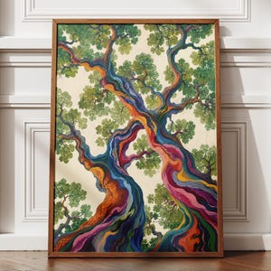 Peut inclure: Une impression d'art mural rectangulaire dans un cadre en bois représentant une illustration stylisée de deux arbres aux troncs multicolores vibrants dans des tons de bleu, violet, orange et rouge, avec un feuillage vert sur fond crème.