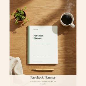 May include: A white Paycheck Planner booklet with a green side border, featuring the text Paycheck Planner, Track income and expenses aligned with your pay cycle, and Plan your money the way it actually comes in paycheck to paycheck.