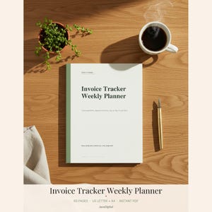 Może przedstawiać: Biały tygodniowy planer śledzenia faktur z zielonym grzbietem, zawierający czarny tekst Invoice Tracker Weekly Planner. Planer znajduje się na drewnianej powierzchni obok złotego pióra wiecznego, małej rośliny doniczkowej i białej serwetki.