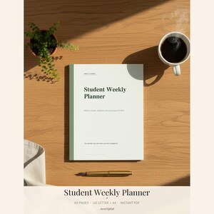 Puede incluir: Un planificador semanal para estudiantes con cubierta verde claro y texto oscuro. La portada dice Student Weekly Planner, Balance classes, deadlines, and exam prep with clarity, y Your semester stays sane when your week is mapped out.