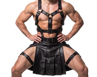 Handmade Black Leather Warrior Kilt & Harness Set | Gladiator Kilt Costume | Gothic Festival Wear