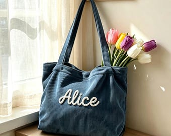 Custom Name Corduroy Tote Bag, 3D Rope Embroidery Shoulder Bag, Bridesmaid Graduation Gift