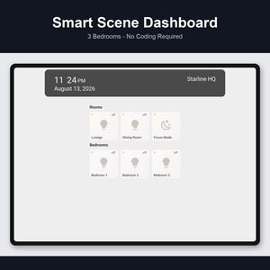 May include: A digital Smart Scene Dashboard interface displayed on a screen. The header reads Smart Scene Dashboard and 3 Bedrooms - No Coding Required. It shows a clock at 11:24 PM, August 13, 2026, and controls for rooms including Lounge, Dining Room, Focus Mode, and Bedrooms 1, 2, and 3.