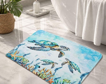 Sea Turtle Floor Mat, Ocean Area Rug, Underwater Doormat, Washable Flannel Accent Rug, Coastal Home Decor, 3 Sizes