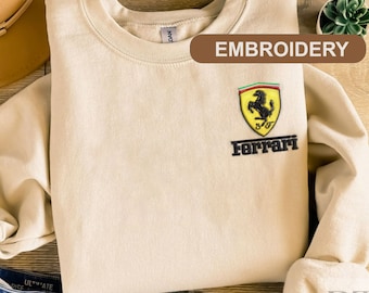 Chemise brodée Ferrari, chemise de course Ferrari, chemise brodée voiture, t-shirt voiture, chemise de course, voiture de course, t-shirt Ferrari, chemise Formule 1, Ferrari