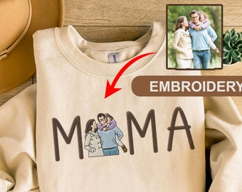 Mama Embroidered Shirt and Custom Portrait From Photo Sweatshirt, Portrait Family Embroidery Shirt Hoodie, Best Gift for Mother's Day